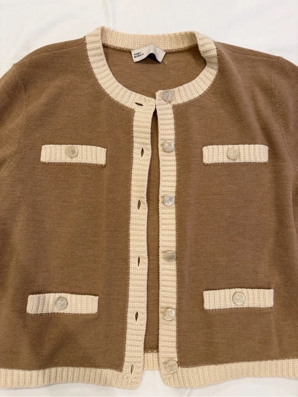 Tory Burch Kendra Cardigan Camel with Cream Trim